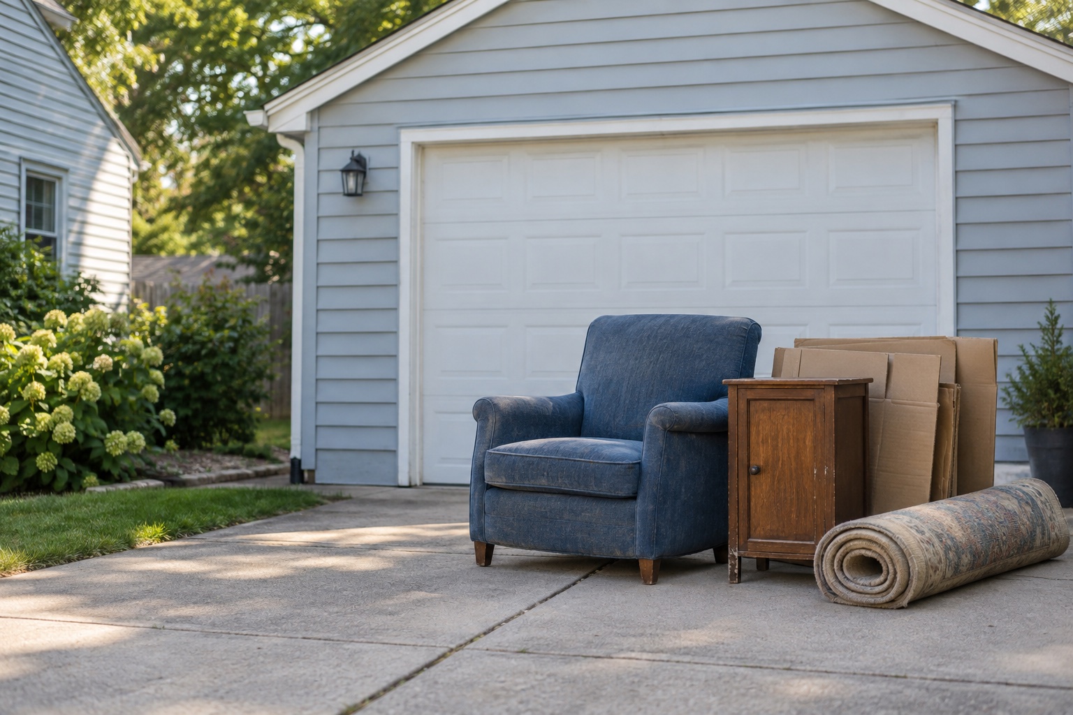 An old armchair, a small cabinet, cardboard and a rolled rug grouped beside a garage.